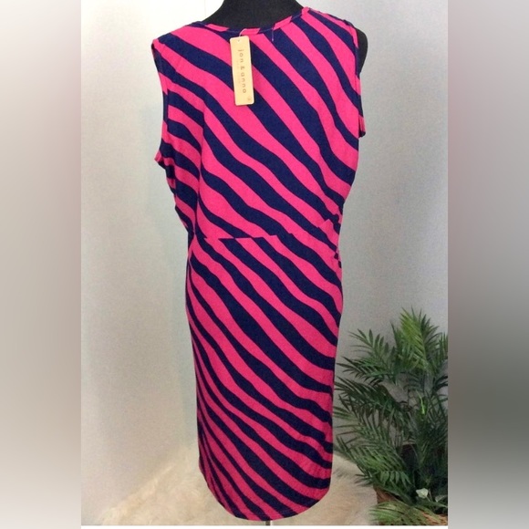 Midi Dress XL Striped Fuchsia Navy Ruched NWT sleeveless - Picture 8 of 11